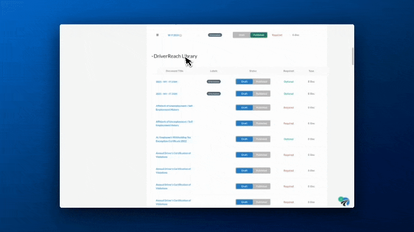 GIF showing DriverReach's digital document library for trucking companies.