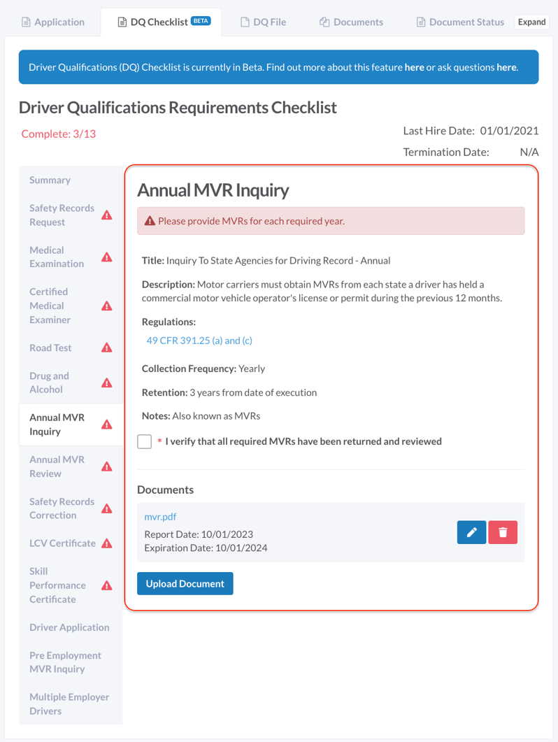 MVR-Requirement missing alert