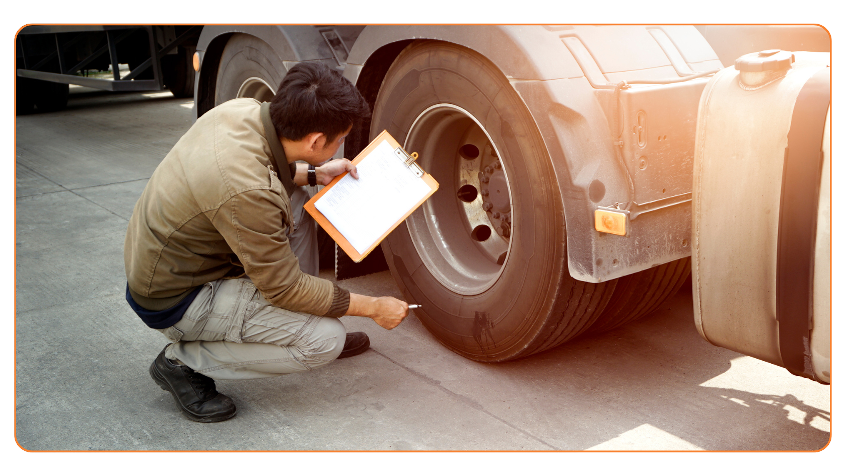 A technician uses a clipboard and checklist to update the fleet maintenance vehicle maintenance log.